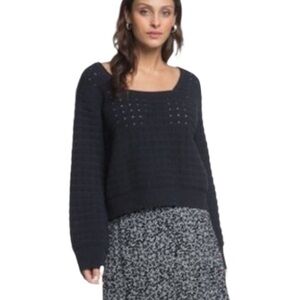 ROXY Pointelle Navy Birdy Day Square Neck Dropped Balloon Sleeve Navy Sweater